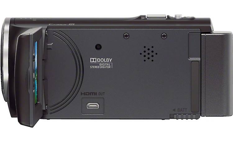 Sony Handycam® HDR-CX220 Left side view, with LCD rotated outward for monitoring