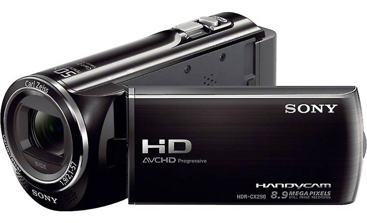 Sony HDR-CX290 Front, 3/4 view, from right, LCD rotated outward