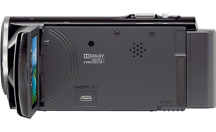 Sony HDR-CX290 Left side view, with LCD rotated outward for monitoring