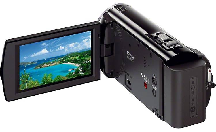 Sony Handycam® HDR-CX380 Back, 3/4 view, LCD folded out