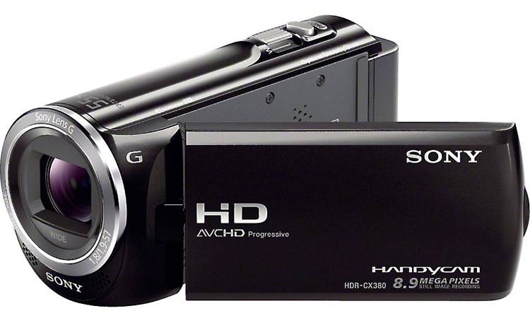 Sony Handycam® HDR-CX380 Front, 3/4 view, from right, LCD rotated outward