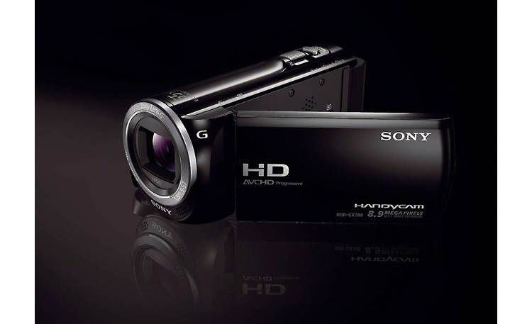 Sony Handycam® HDR-CX380 Front, 3/4 view, from right, LCD open