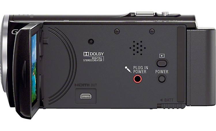Sony Handycam® HDR-CX380 Left side view, with LCD rotated outward for monitoring
