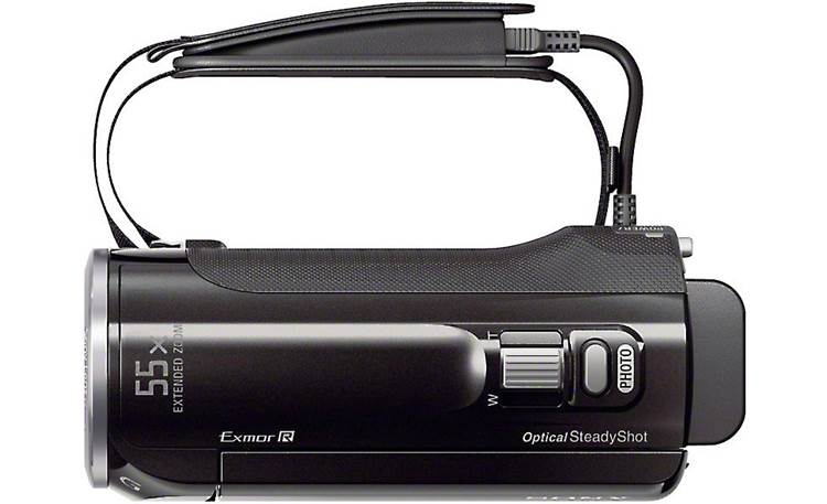 Sony Handycam® HDR-CX380 Top view showing side hand strap/built-in USB