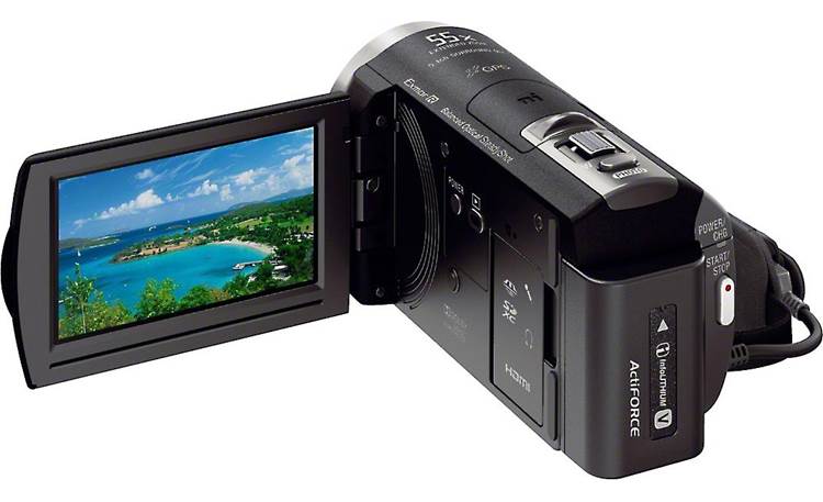 Sony HDR-CX430V Back, 3/4 view, LCD folded out