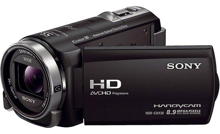 Sony HDR-CX430V Front, 3/4 view, from right, LCD open