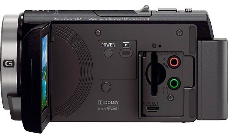Sony HDR-CX430V Left side view, with LCD rotated outward for monitoring