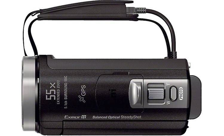 Sony HDR-CX430V Top view showing side hand strap/built-in USB