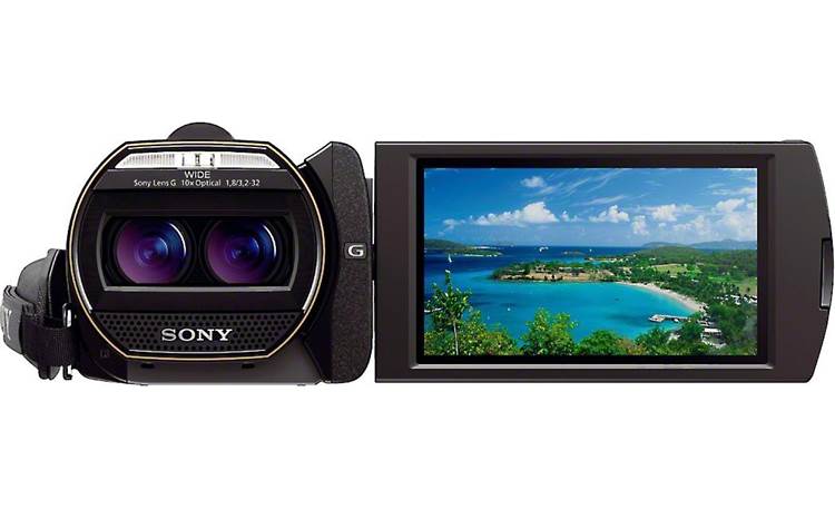 Sony HDR-TD30V Front, straight-on, with LCD display flipped 180 degrees for self-portraits