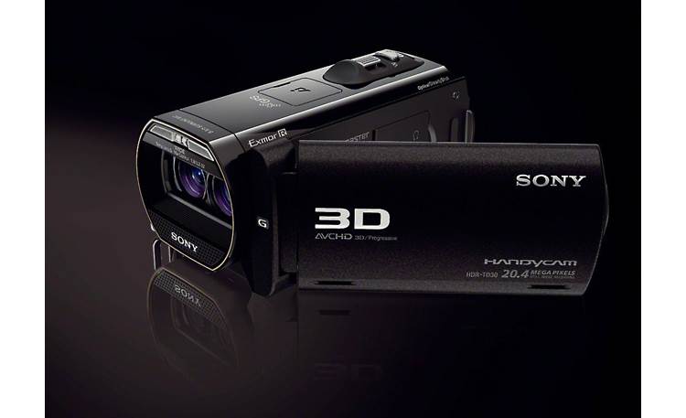 Sony HDR-TD30V Front, 3/4 view, from right, LCD open