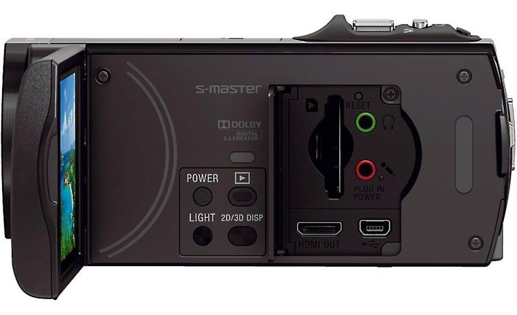 Sony HDR-TD30V Left side view, with LCD rotated outward for monitoring