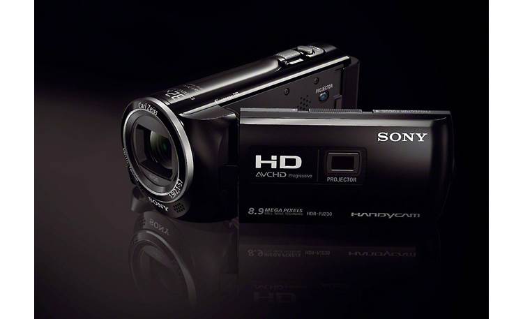 Sony Handycam® HDR-PJ230 Front, 3/4 view, from right, LCD open