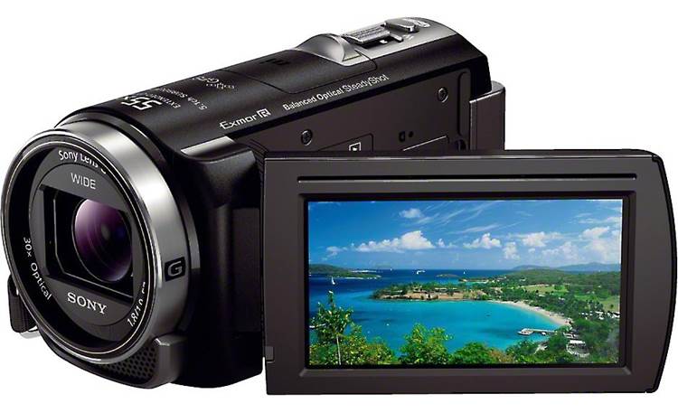 Sony HDR-PJ430V Front, 3/4 view, from right, LCD rotated outward