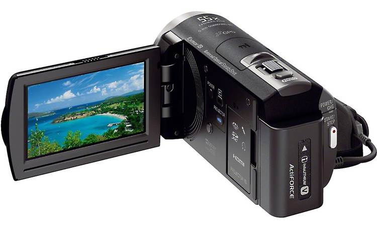 Sony HDR-PJ430V Back, 3/4 view, LCD folded out