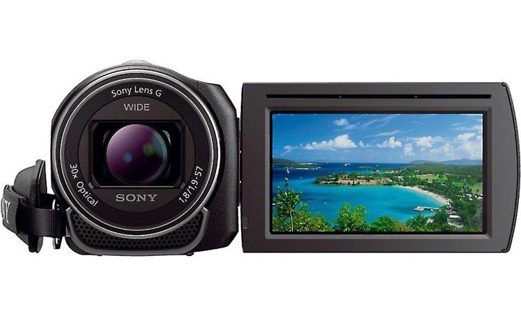 Sony HDR-PJ430V Front, straight-on, with LCD display flipped 180 degrees for self-portraits