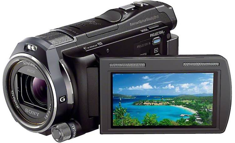 Sony HDR-PJ650V Front, 3/4 view, from right, LCD rotated outward
