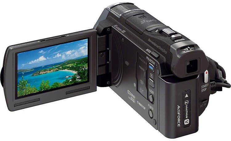 Sony HDR-PJ650V Back, 3/4 view, LCD folded out