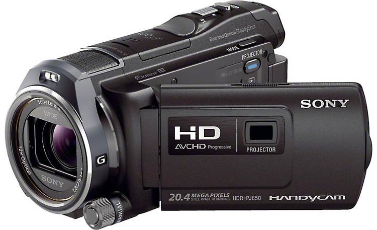 Sony HDR-PJ650V Front, 3/4 view, from right, LCD open