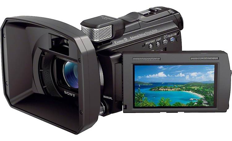 Sony HDR-PJ790V Front, 3/4 view, from right, LCD rotated outward, with supplied lens hood