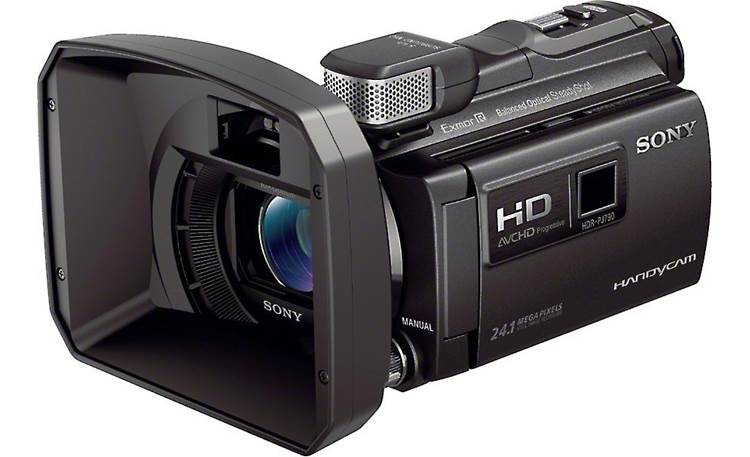 Sony HDR-PJ790V Front, 3/4 view, from right, LCD stored, with supplied lens hood