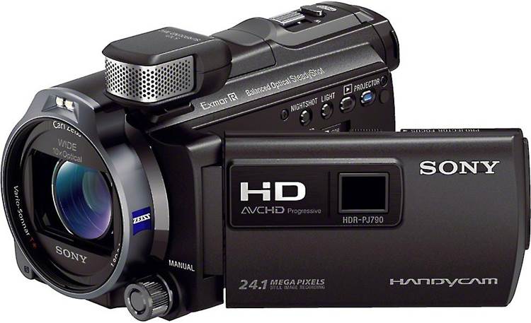 Sony HDR-PJ790V Front, 3/4 view, from right, LCD open