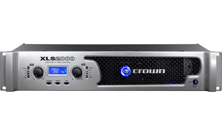 Crown XLS 2000 The front panel offers gain controls for each channel, LED indicators, an LCD screen with three menu buttons, and the power switch.