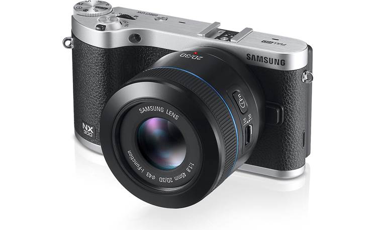 Samsung NX300 Front, 3/4 angle, from right, with optional 45mm 2D/3D lens (not included)