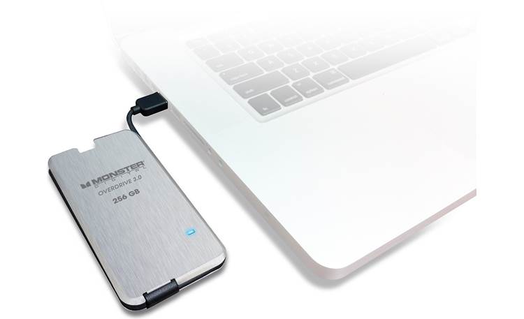 Monster Digital Overdrive™ 3.0 SSD Drive Shown attached to a laptop (not included)