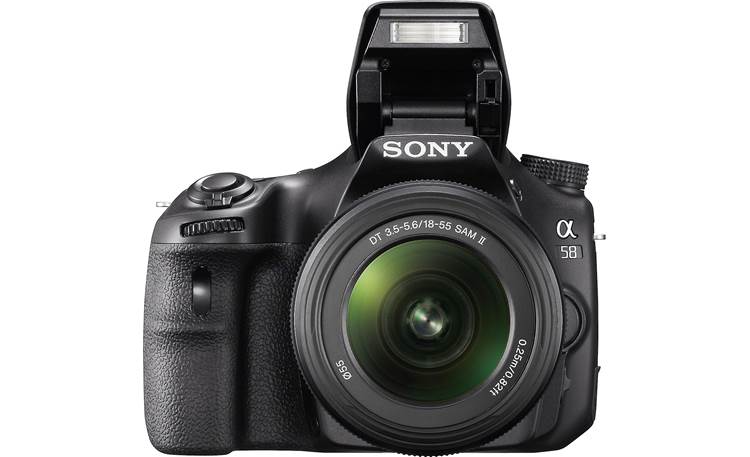 Sony SLT-A58K Kit Front, straight-on, with flash deployed