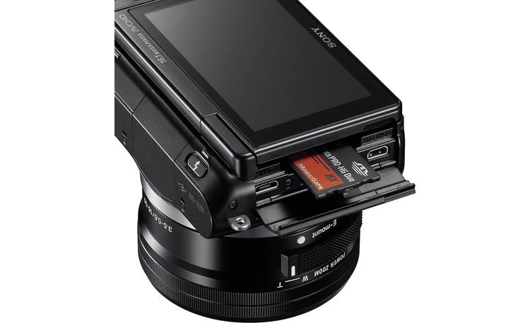 Sony Alpha NEX-3N Memory card bay (shown with memory card, not included)