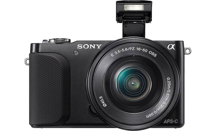 Sony Alpha NEX-3N Front, straight-on, with flash deployed