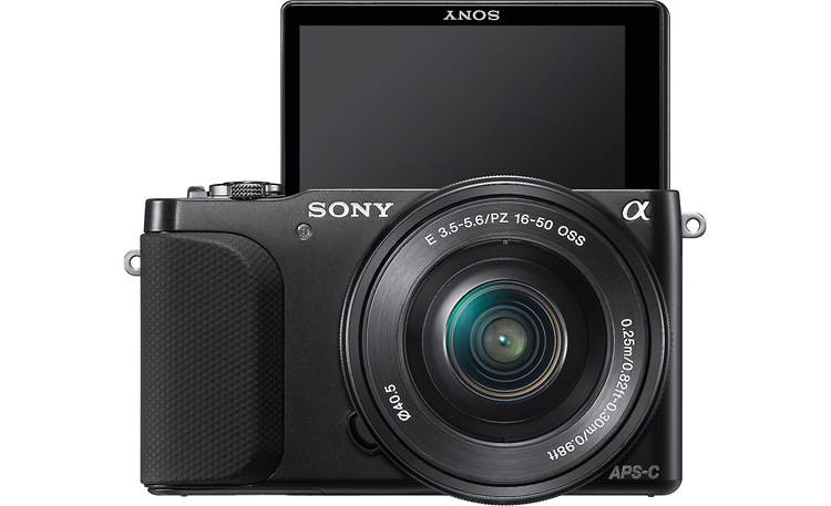 Sony Alpha NEX-3N Front, straight-on, with LCD screen flipped for self-portraits