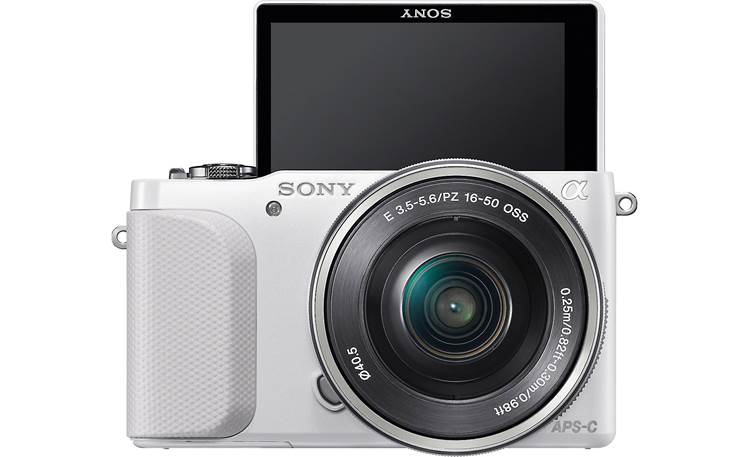 Sony Alpha NEX-3N Front, straight-on, with LCD display flipped 180 degrees for self-portraits