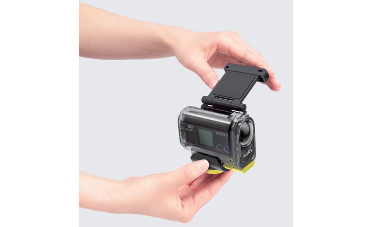 Sony HDR-AS15 Golf Action Camera Package Shown with weatherproof case and hinged mount