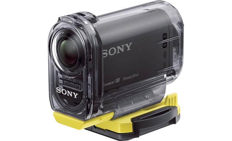 Sony HDR-AS15 Golf Action Camera Package Shown with flat mount and waterproof case