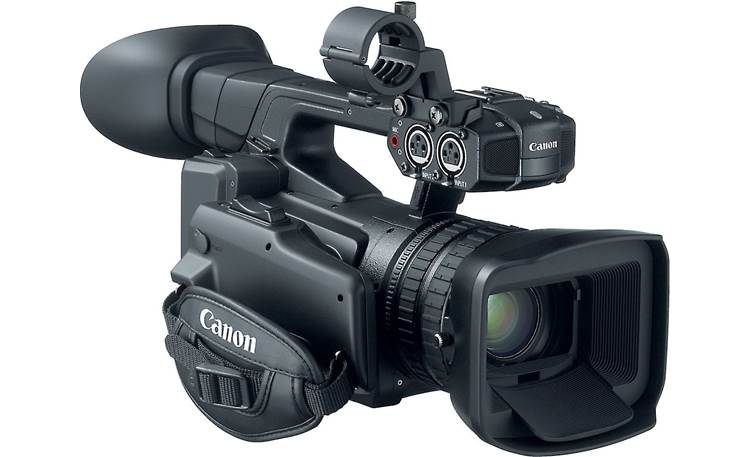 Canon XF-200 Shown with microphone holder and lens hood in place