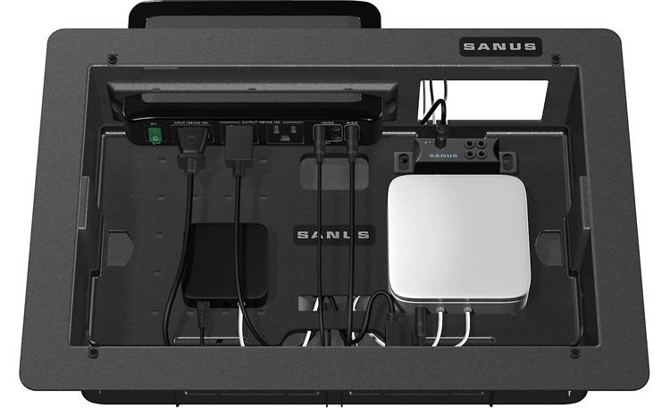 Sanus SA809 Houses smaller A/V components and holds Sanus SA206 surge protector (router, surge protector, and streaming device not included)