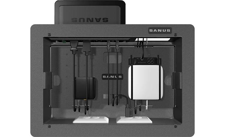 Sanus SA809 Houses smaller A/V components and holds Sanus SA206 surge protector (router, surge protector and streaming device not included)
