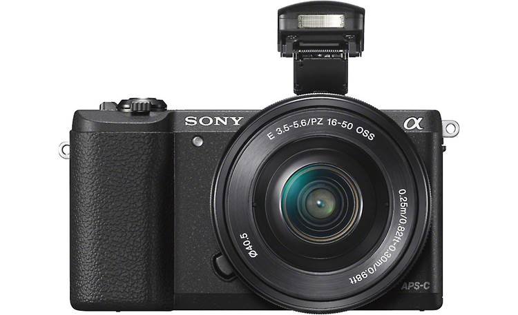 Sony Alpha a5100 Kit Front, with built-in flash deployed