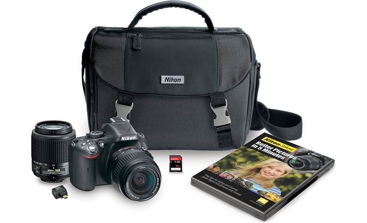 Nikon D5200 Dual-lens Kit Front, showing included lenses, wireless adapter, SD card, bag and instructional DVD
