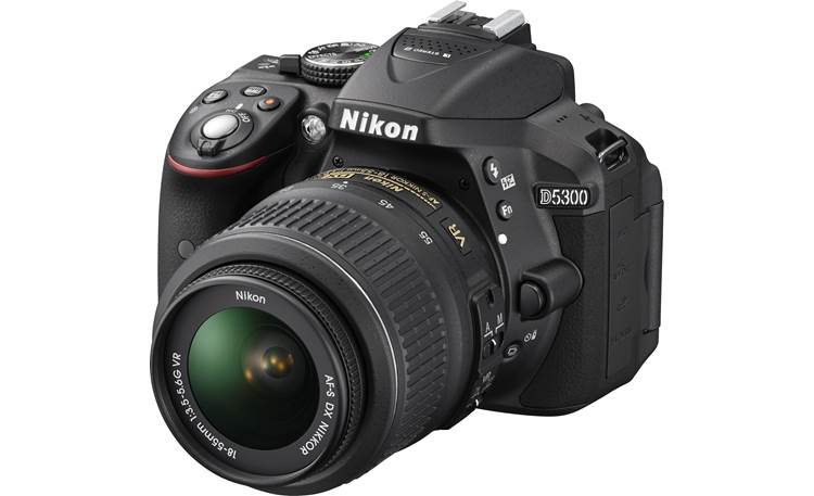 Nikon D5300 Two Zoom Lens Bundle Angled front view, with 18-55mm lens attached