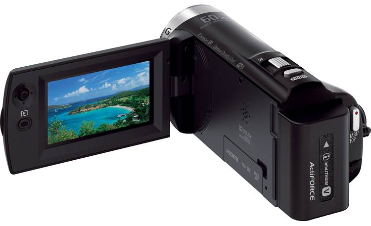 Sony Handycam® HDR-CX330 Rear view with viewscreen deployed