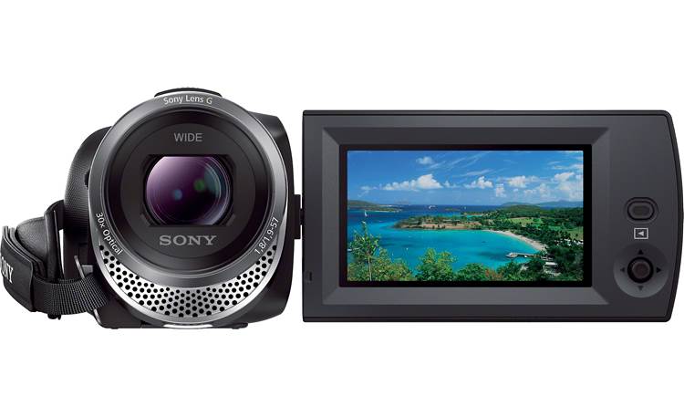 Sony Handycam® HDR-CX330 Front with viewscreen open and rotated outward