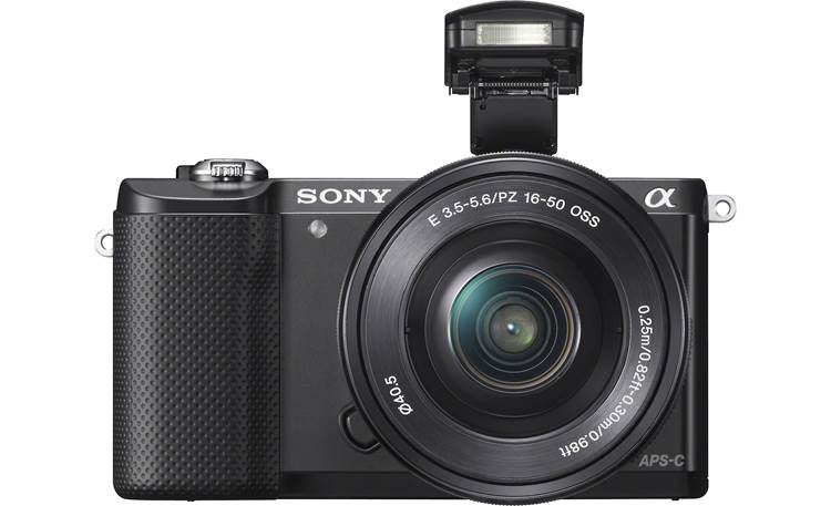 Sony Alpha a5000 Kit Front, with built-in flash deployed