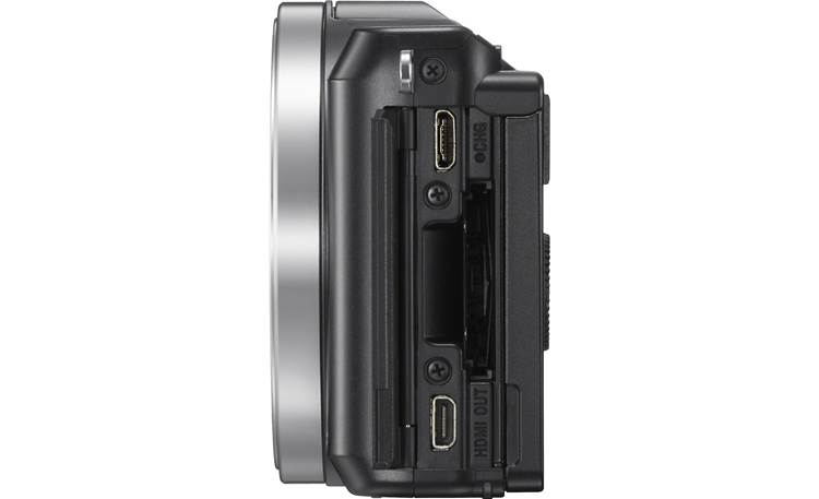 Sony Alpha a5000 Kit Side panel open to show memory card slot, charging and HDMI connectors
