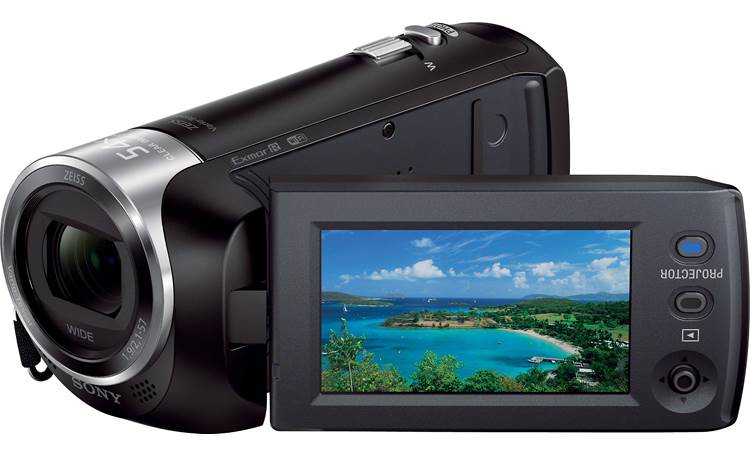 Sony Handycam® HDR-PJ275 Front, with viewscreen open and tilted outward