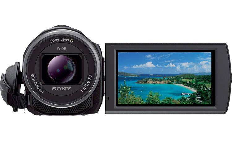 Sony Handycam® HDR-PJ540 Front, with viewscreen open and tilted outward