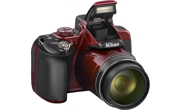 Nikon Coolpix P600 Front, with built-in flash deployed
