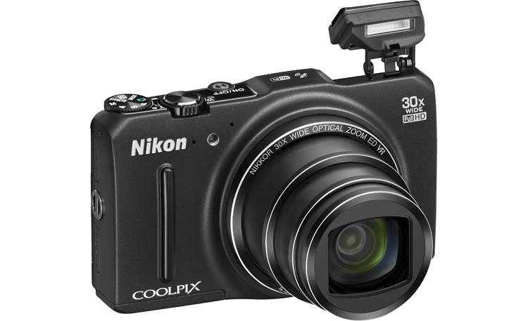 Nikon Coolpix S9700 Front, with built-in flash deployed