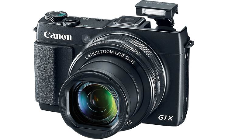 Canon PowerShot G1X Mark II Front, with built-in flash deployed